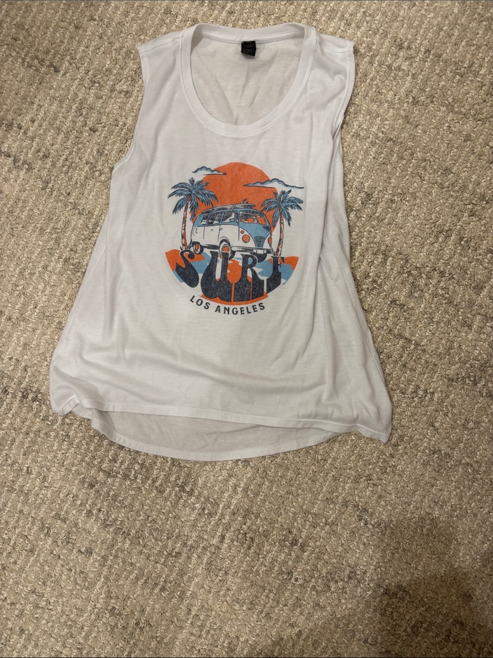 White Graphic Muscle Tank with Surf Van and Palm Trees